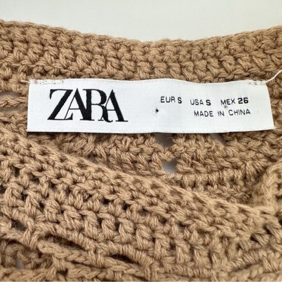 Zara Mixed Macrame Crochet Knit Earth Brown Cotton Midi Dress Size S - Picture 9 of 10
